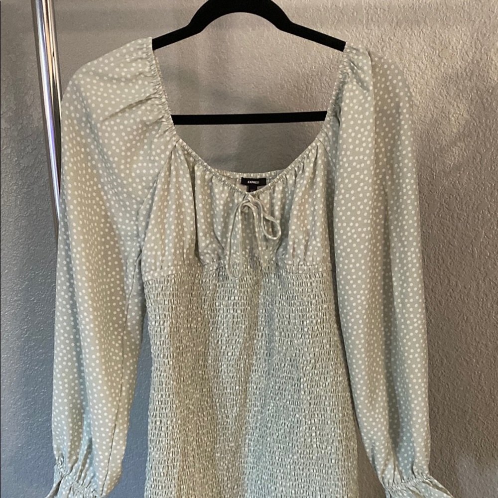 Express Light Green Polka Dot Long Sleeve Dress